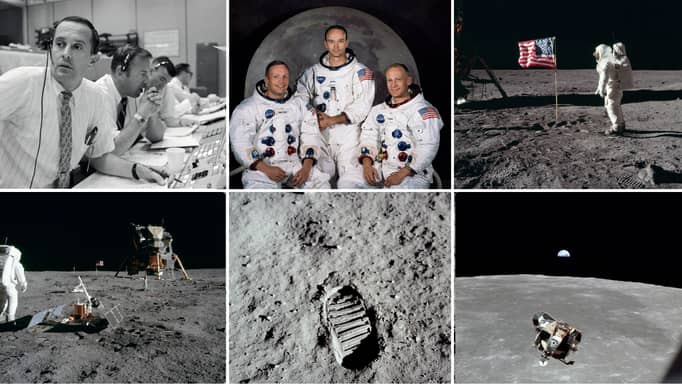 Collage of public domain images from the Apollo 11 moon landing in 1969.