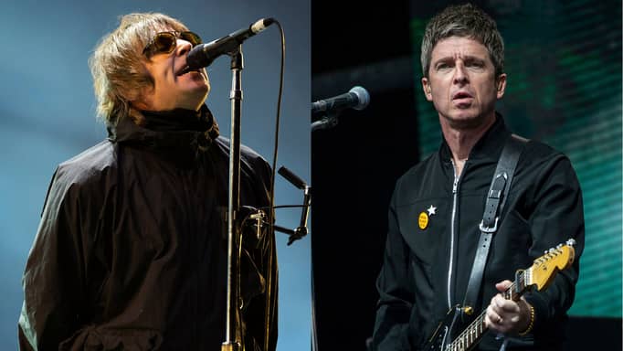 Liam Gallagher performs at the Reading Music Festival, England on Aug. 29, 2021, left, and Noel Gallagher performs at the Glastonbury Festival in Worthy Farm, Somerset, England, on June 25, 2022.