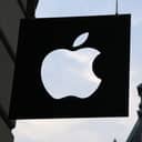 Apple logo in front of a building in Amsterdam, the Netherlands