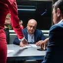 middle-aged man looking at evidence at a police station during a criminal investigation with two detectives interrogating him