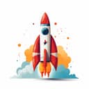 Digital illustration of a rocket launching from the ground with smoke coming up on the sides