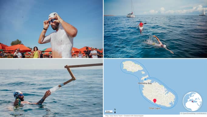 Neil Agius during his swim; map of his swimming route around the Maltese islands