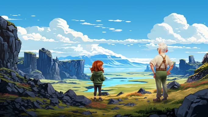 Digital illustration of a grandfather and young girl standing amidst a rugged Icelandic landscape, with grassy fields and towering basalt columns, overlooking a distant fjord with mountains under a vast sky with scattered clouds