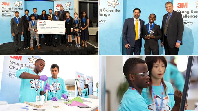 Heman Bekele with the rest of the competition participants holding a large check; Herman Bekele receiving an award; Herman Bekele working on his project at the competition with his peers