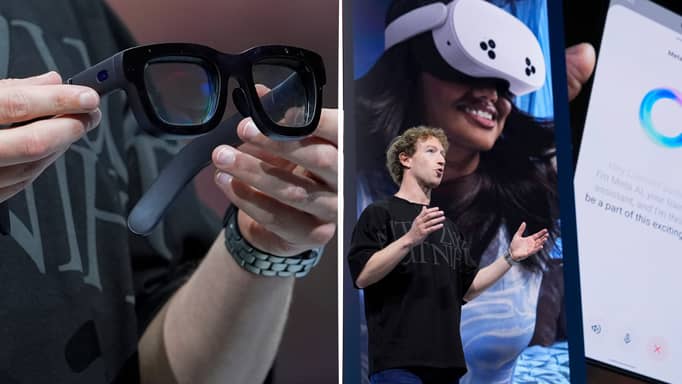 Collage of two images showing Meta CEO Mark Zuckerberg showing off the company's virtual reality headset and Ray Ban smart glasses.