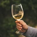 Person holding up a glass of white wine