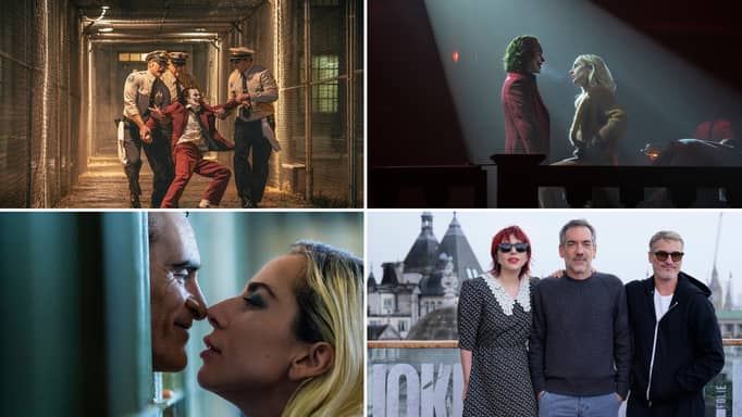 Collage of scenes from the movie Joker: Folie à Deux, and a photograph of the director Todd Phillips and actors Lady Gaga and Joaquin Phoenix.