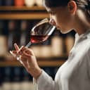 close-up of a female sommelier smelling red wine in a glass while being in a wine cellar