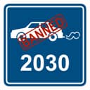 Artistic depiction of a sign banning fossil fuel cars by 2030