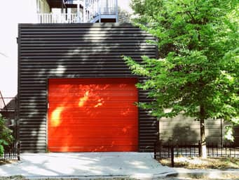Big black and red garage door.