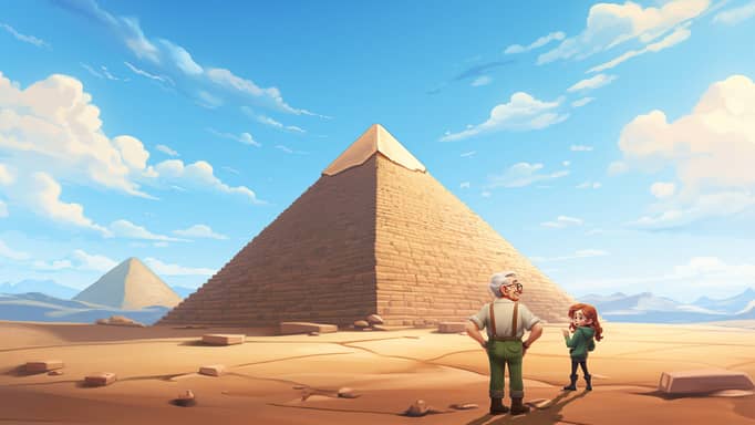 Digital illustration featuring an elderly man and a young child from behind as they gaze upon the Great Pyramid of Giza and a smaller pyramid in the distance, under a sky with streaky clouds.