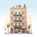 Digital illustration of a building with a light blue sky in the background and two trees in front