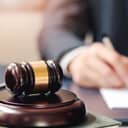 A close-up of a judge's wooden gavel on a sounding block, with a man's hand blurred in the background writing something.