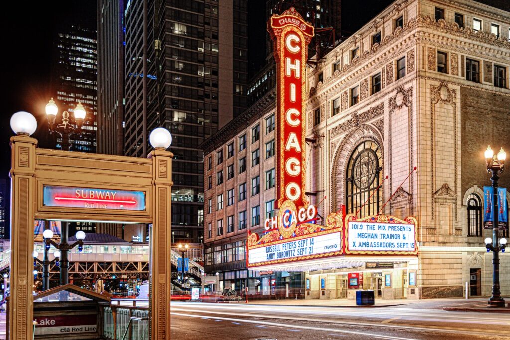 Chicago Theater on a busy city street at night