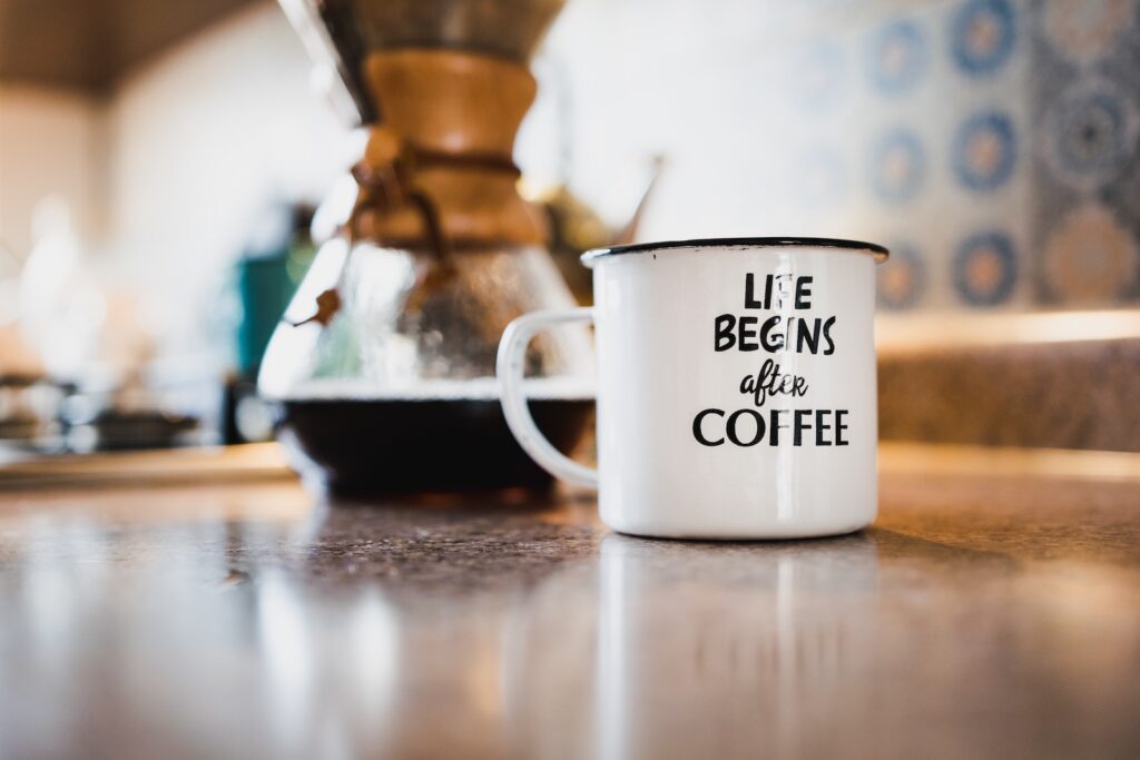 A mug with "Life begins after coffee" printed on the side