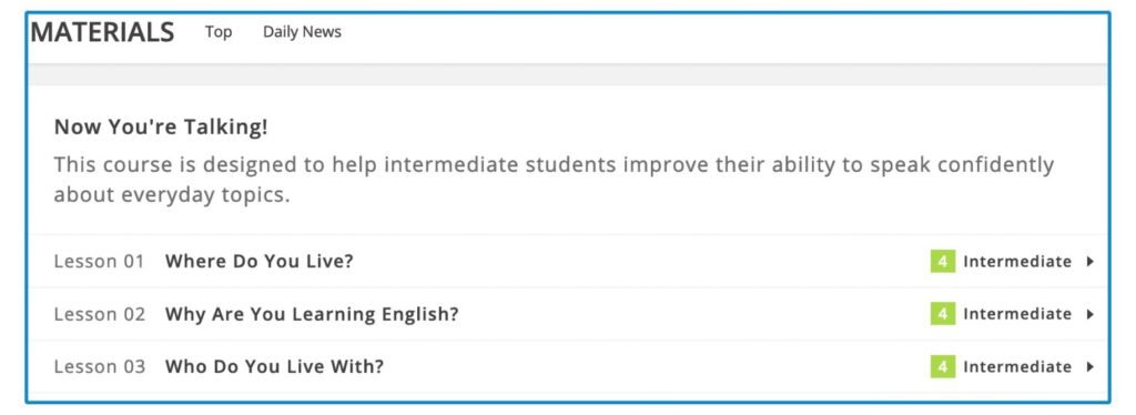 Examples of new Conversation lessons on the Engoo Materials page