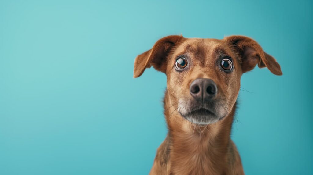 A small dog with a surprised and scared expression