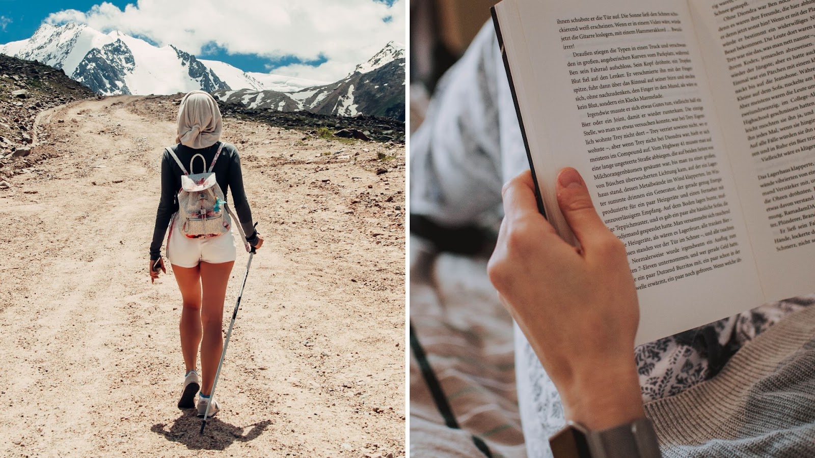 A photo of a woman hiking on a mountain next to a photo of a man's hands holding an open book.