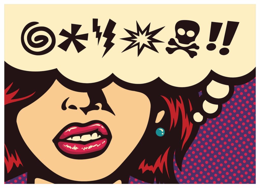 A pop art-style image of a woman underneath a thought bubble with a curse or swear word
