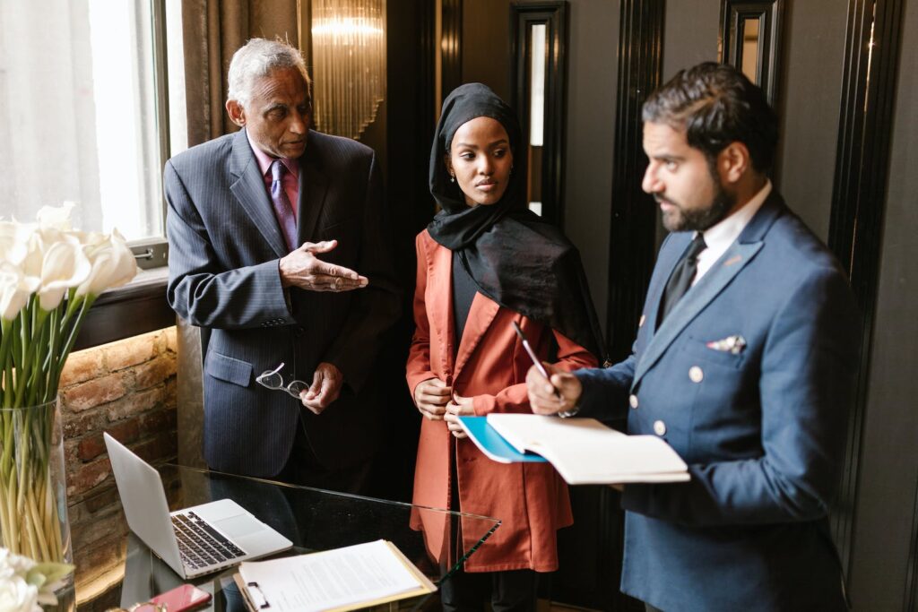 Businesspeople discussing a deal in an office