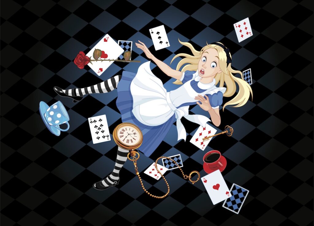 Alice falling while surrounded by playing cards and teacups