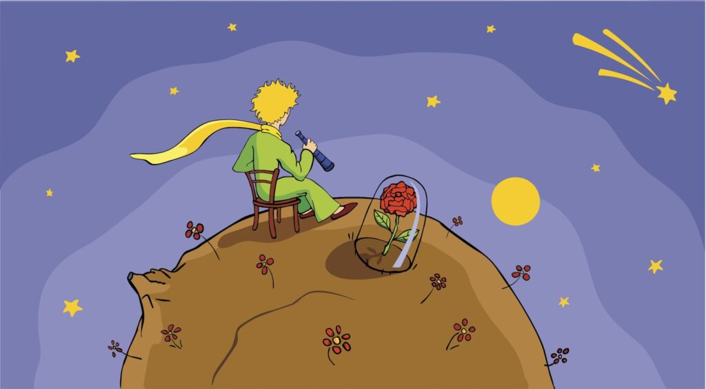 A young boy sitting alone on a small planet next to a rose under glass