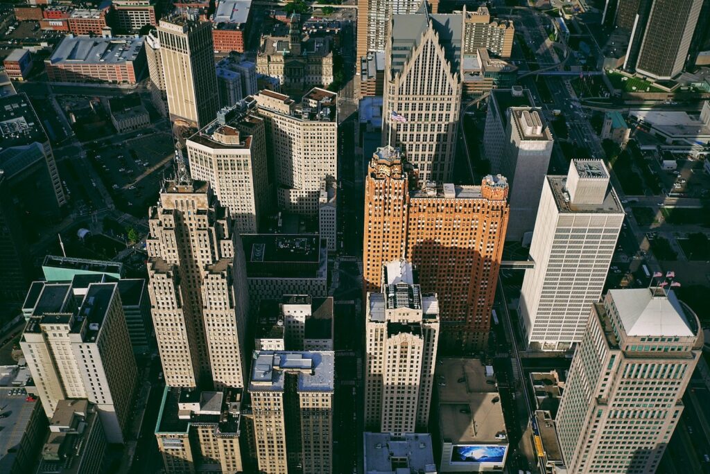 An aerial view of Downtown Detroit's skyscrapers