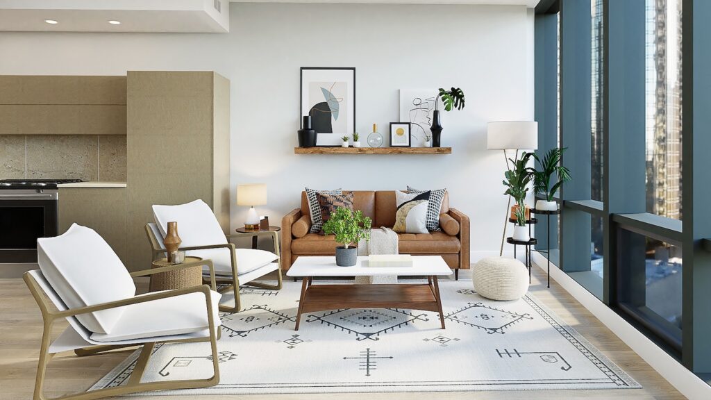 A living room that has been made over with stylish furniture
