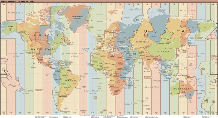 Map showing time zones around the world.
